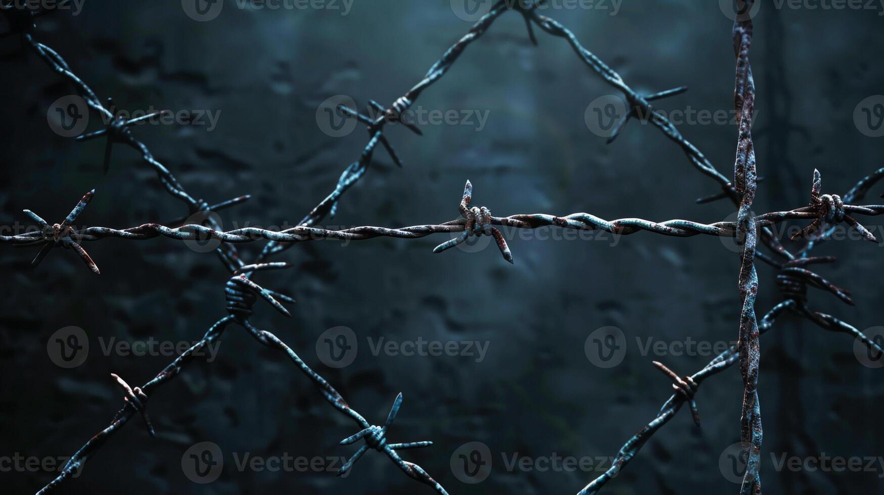 A close up of a barbed wire fence with a dark background photo