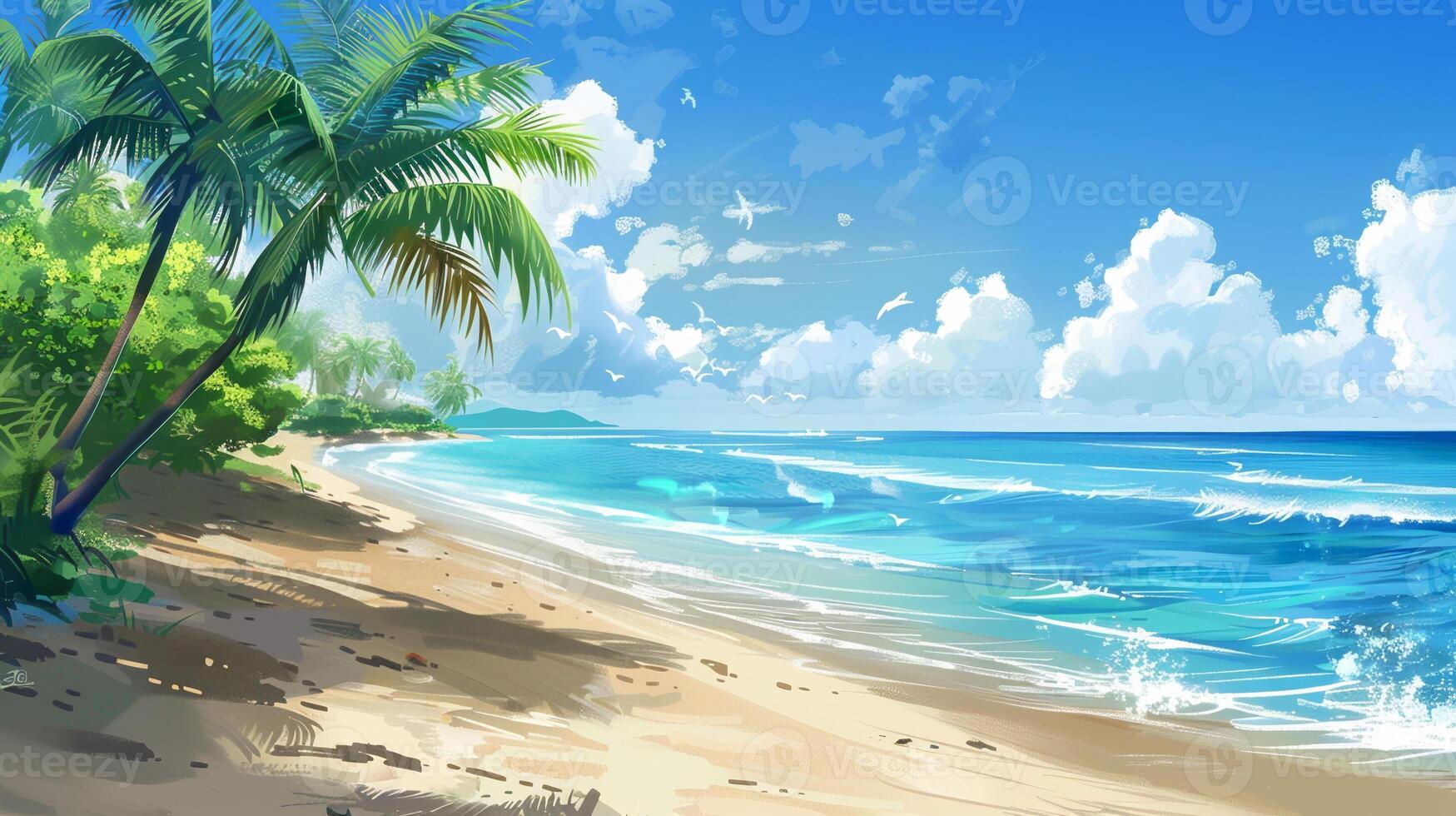A beautiful beach scene with palm trees and a blue ocean photo