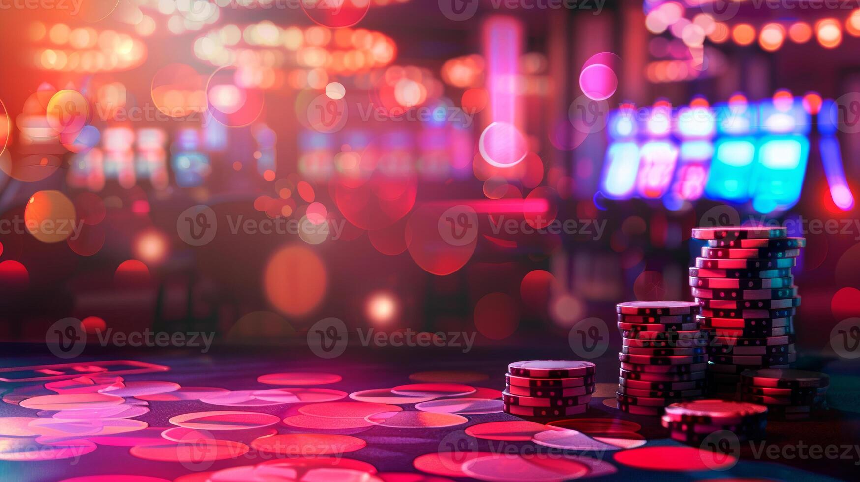 A pile of poker chips sits on a table in a casino photo