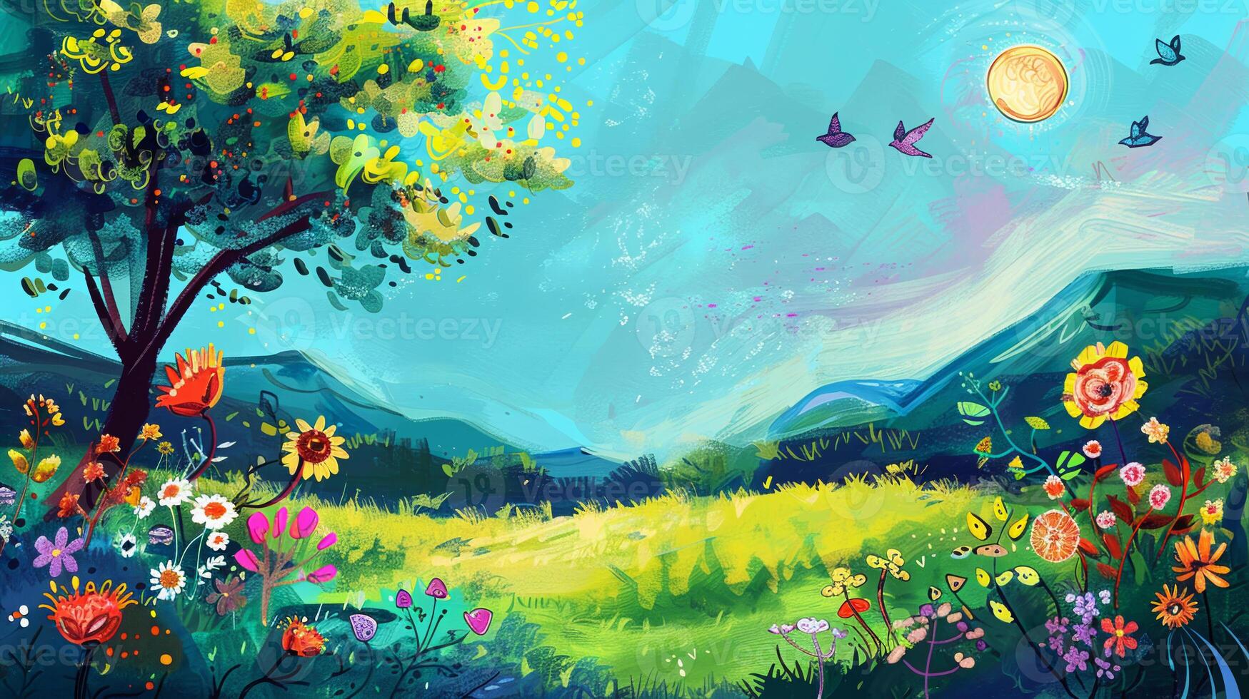A painting of a field with a tree and a sun in the sky photo