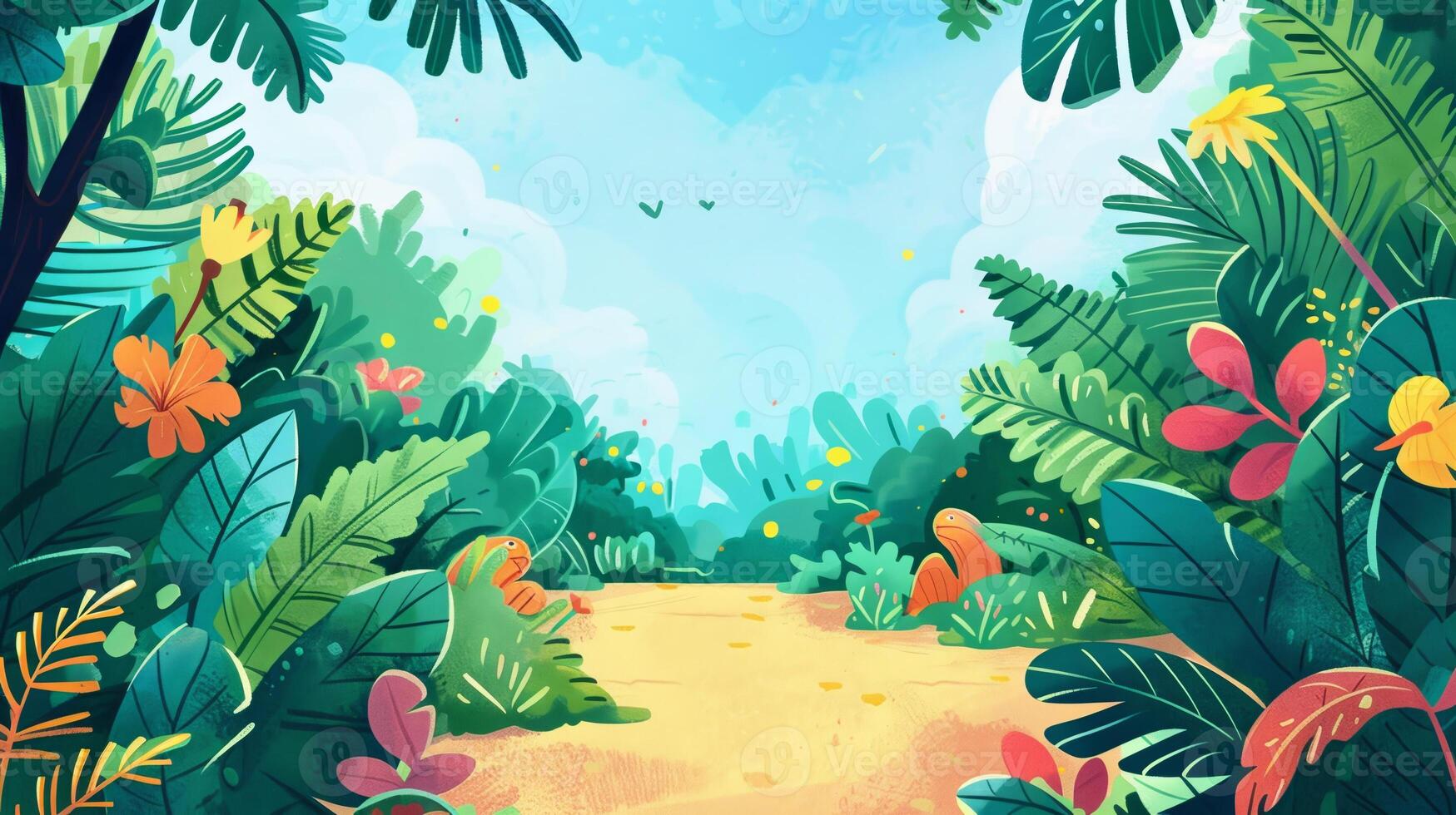 A lush green jungle with a path through it photo