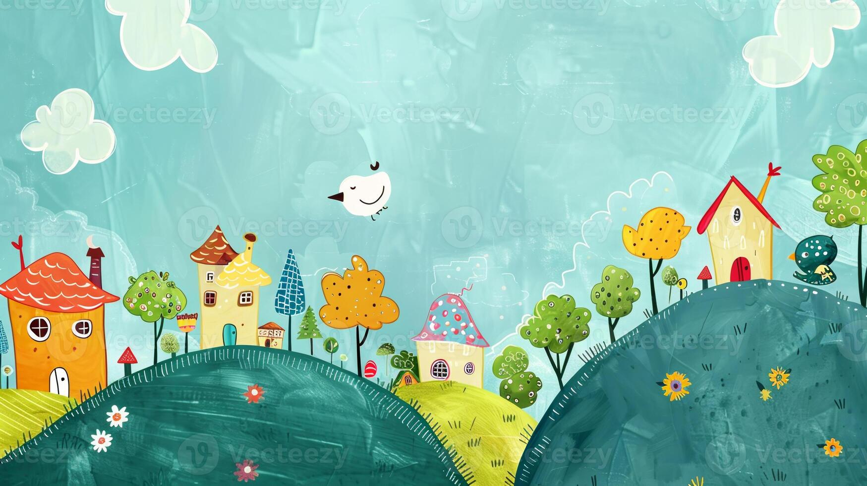 A cartoon drawing of a village with houses and trees photo