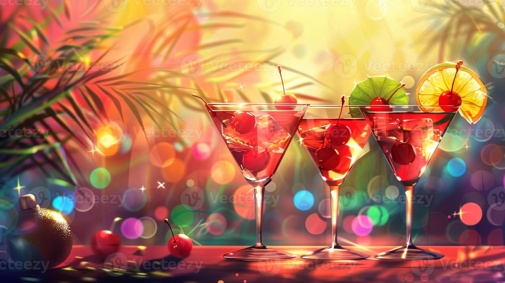 A colorful drink with three martini glasses and a bunch of cherries photo