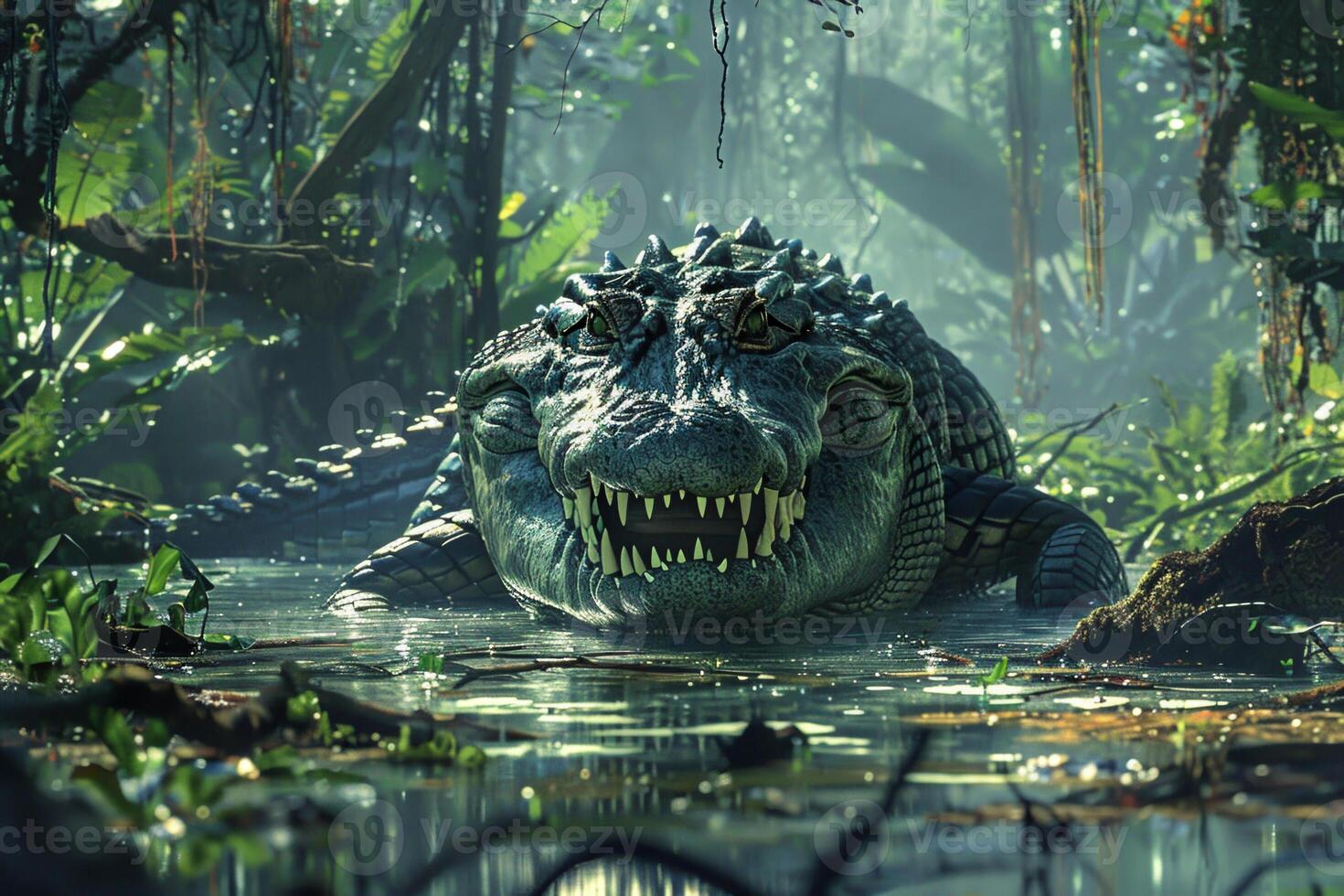 A large crocodile is laying in the water, with its mouth open photo