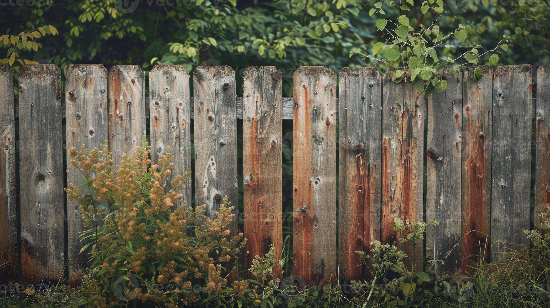 A wooden fence with a few green plants growing out of it photo