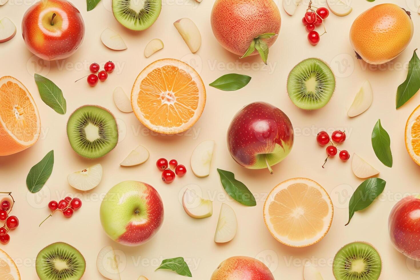 A colorful fruit salad with apples, oranges, and kiwis photo