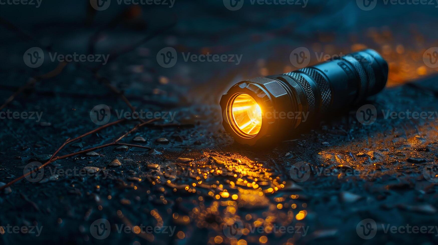 A flashlight is lit up on the ground photo