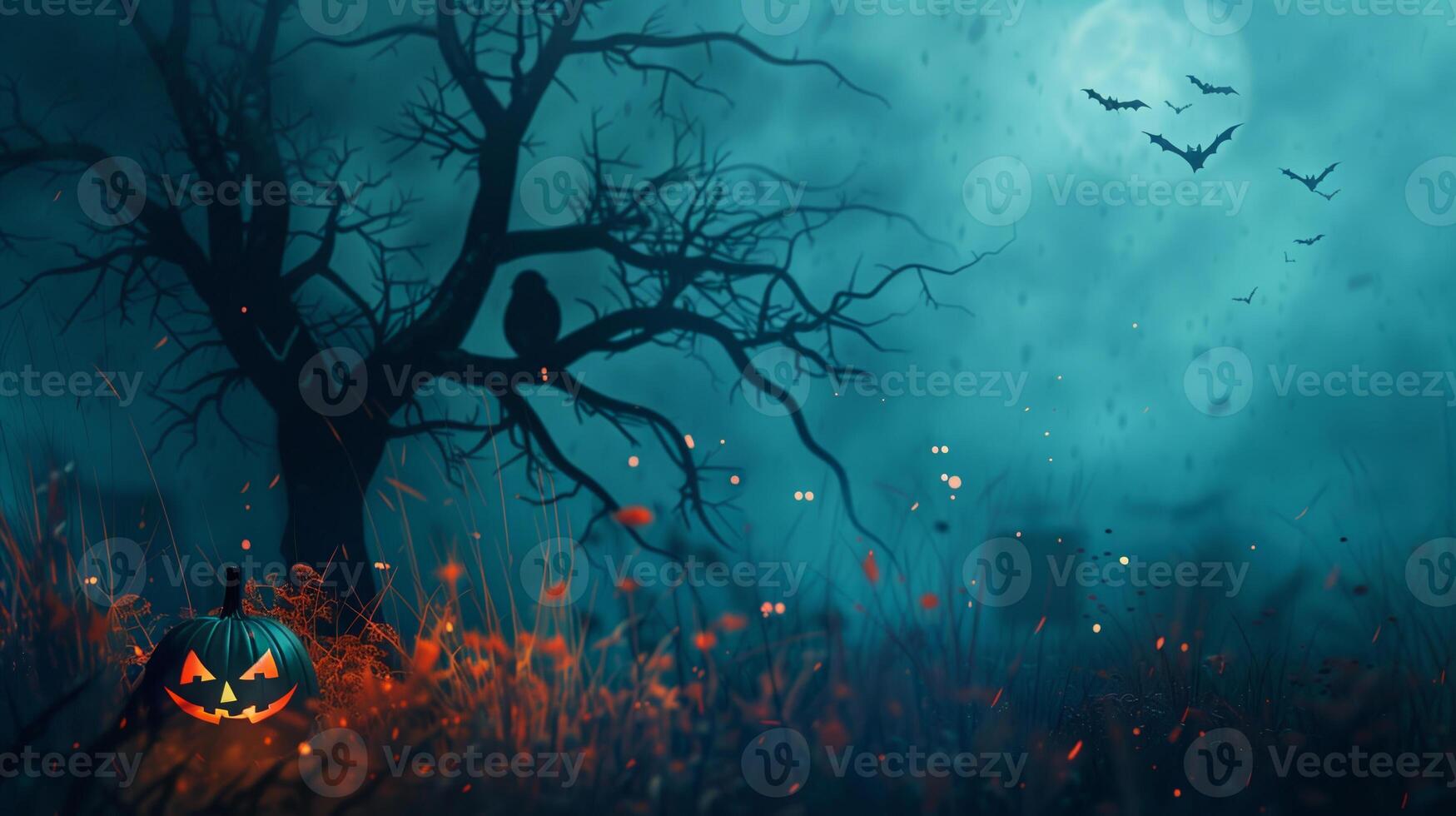 A Halloween scene with a tree, bats, and a pumpkin photo