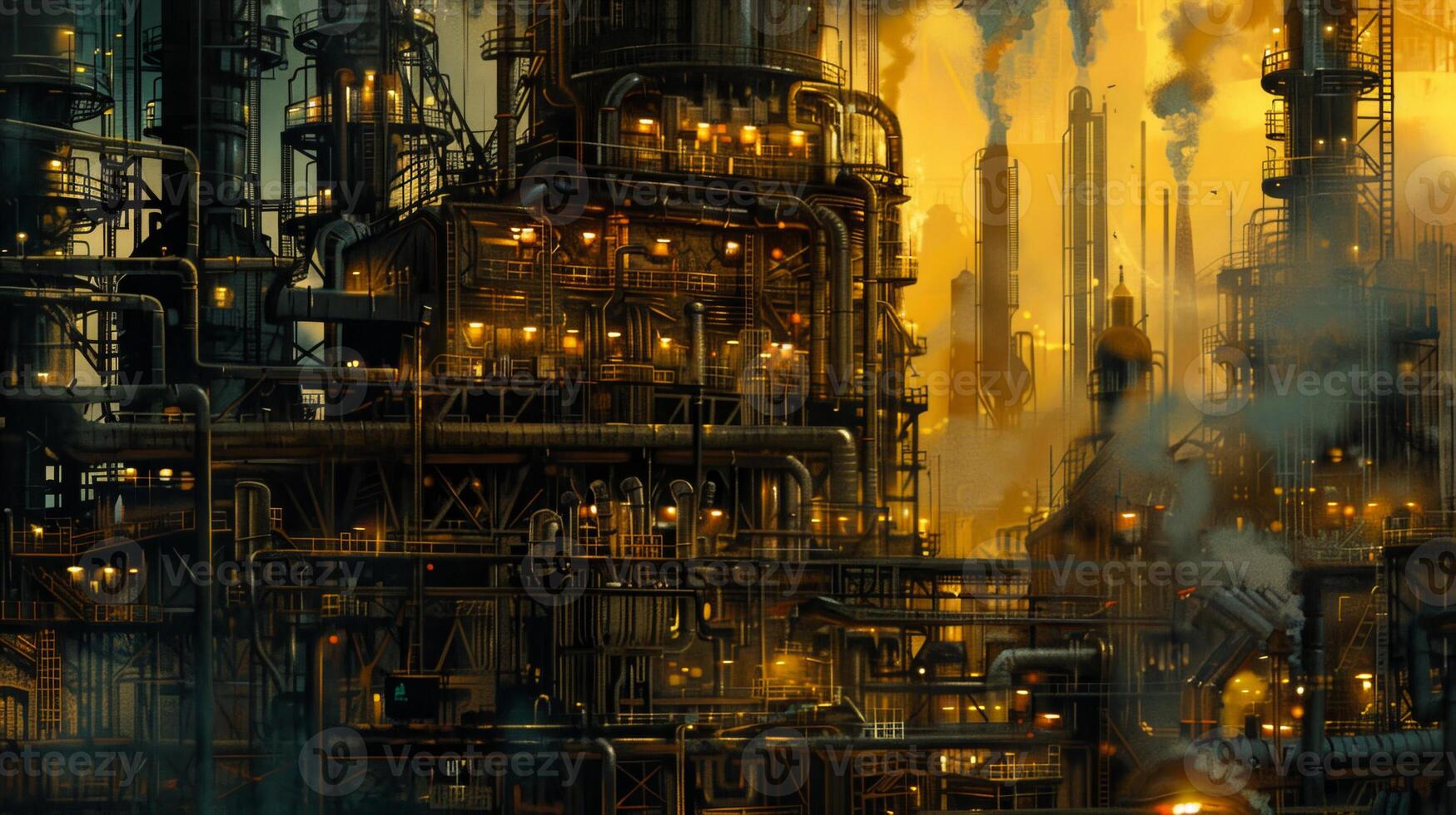 A cityscape with a lot of smoke and a lot of lights photo