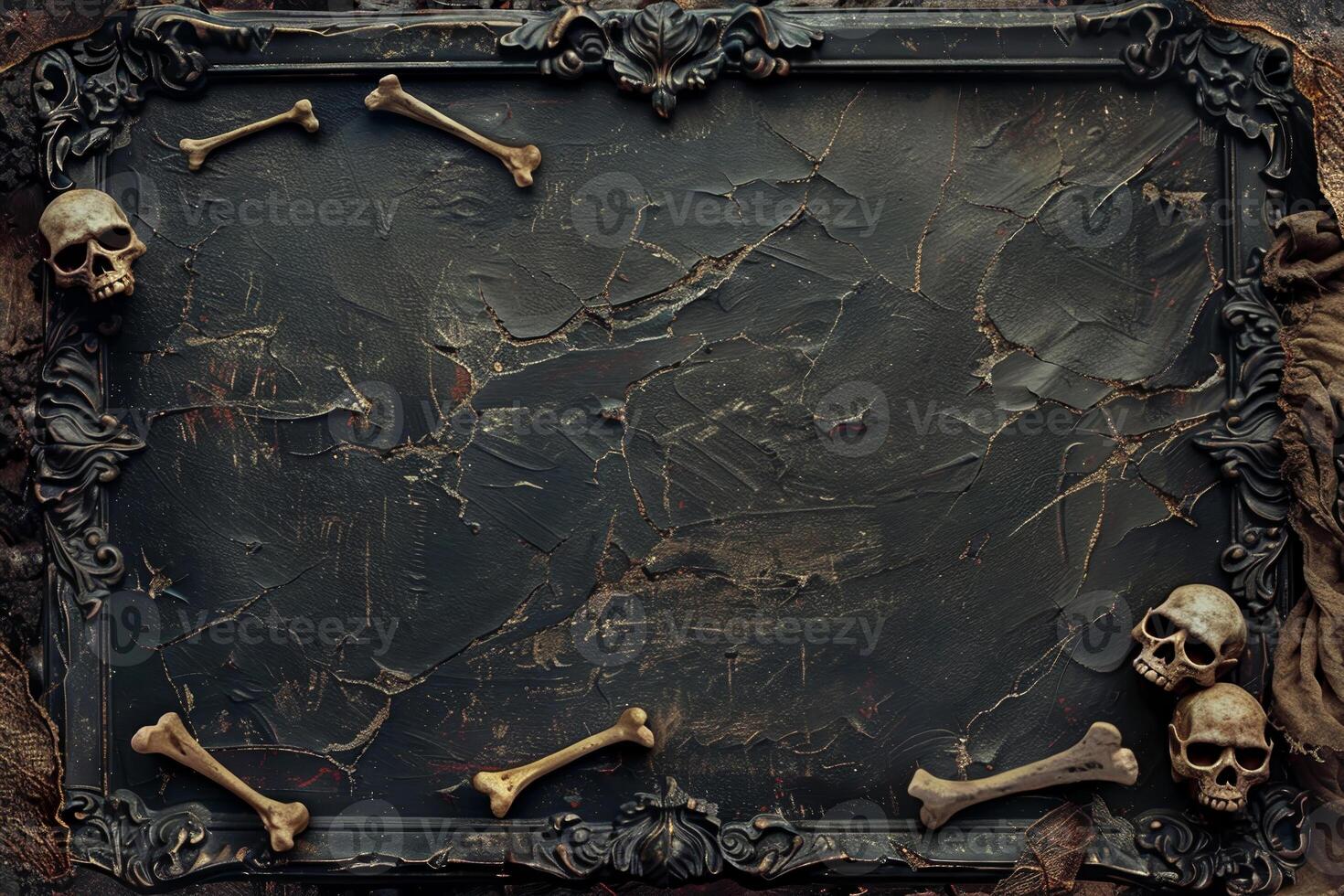 A black frame with skulls and bones surrounding it photo
