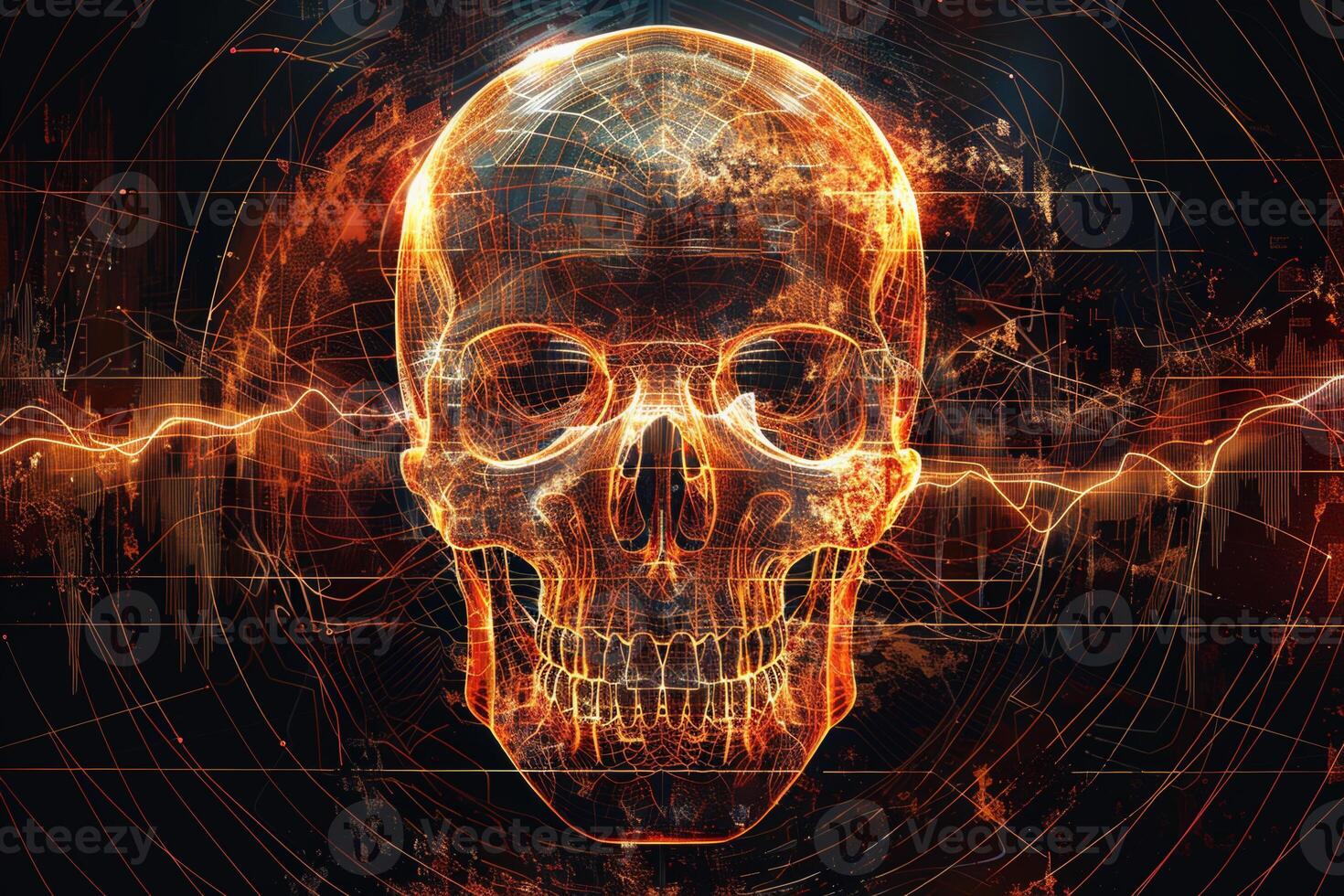 A skull with a glowing face is surrounded by a dark background photo