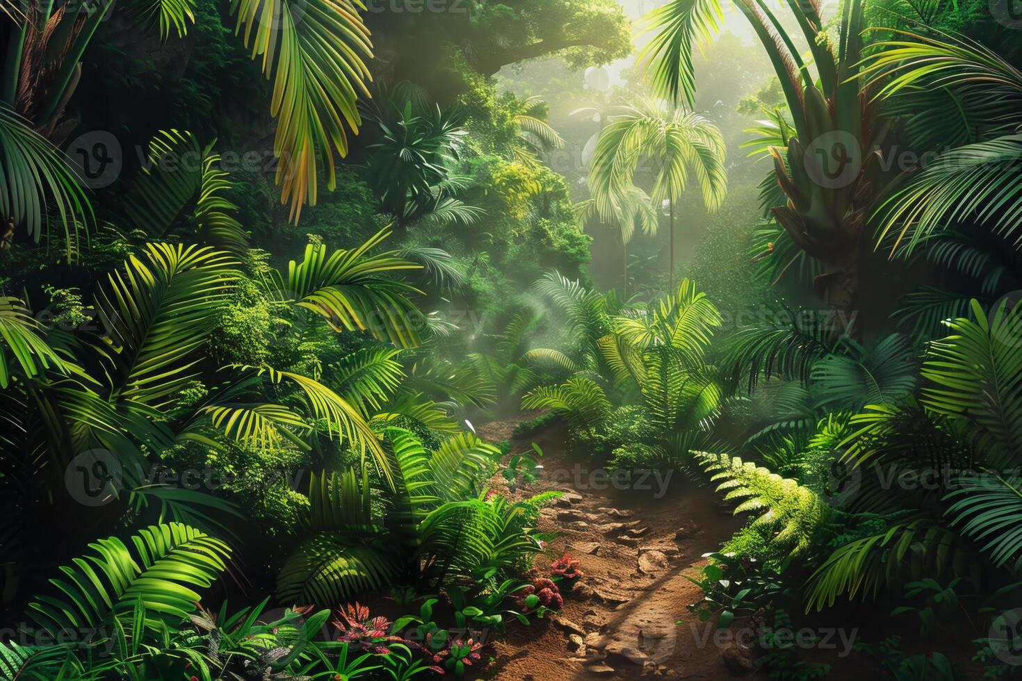 A lush jungle with a path through it photo