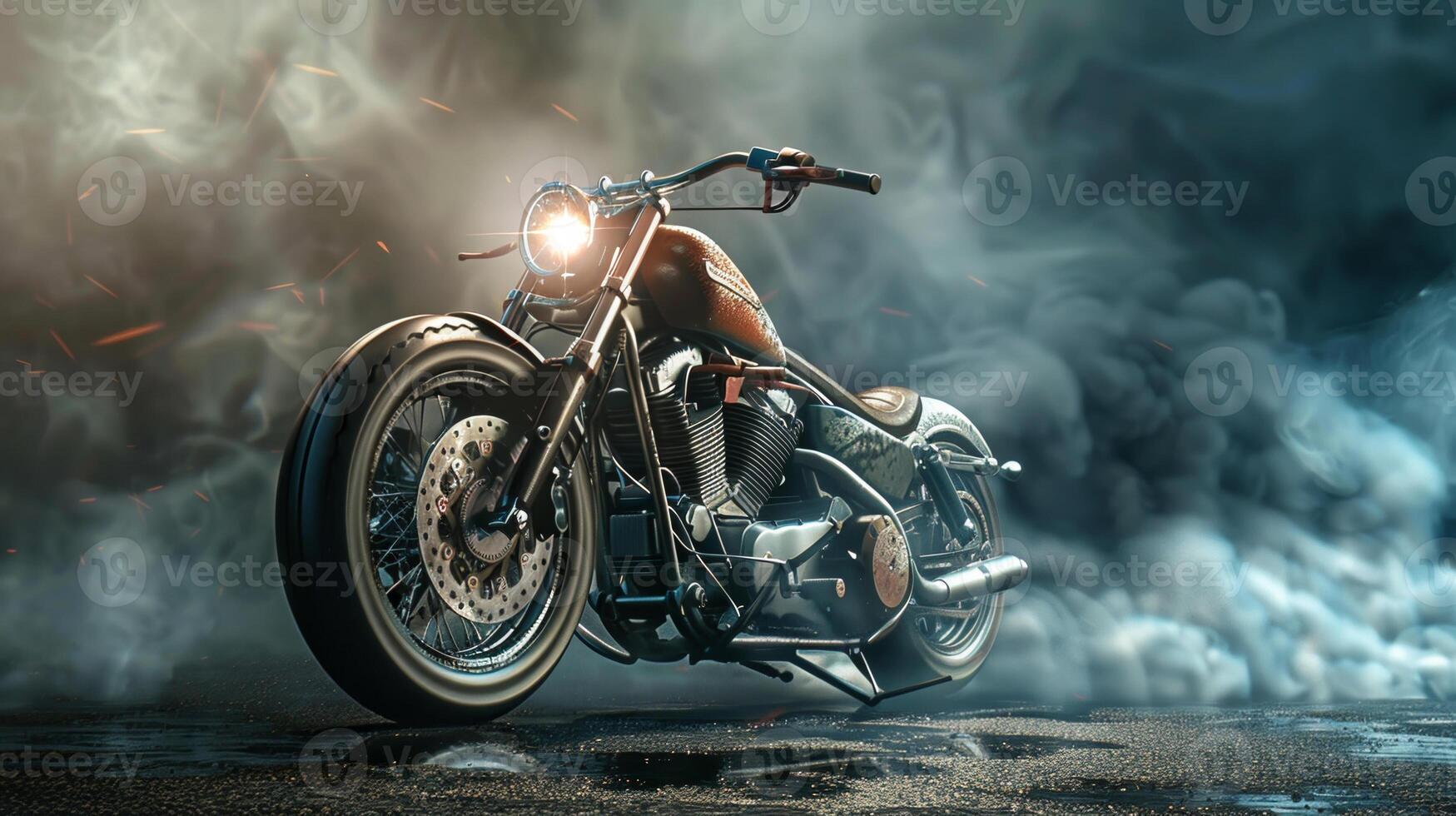A motorcycle is shown in a smokey, hazy background photo