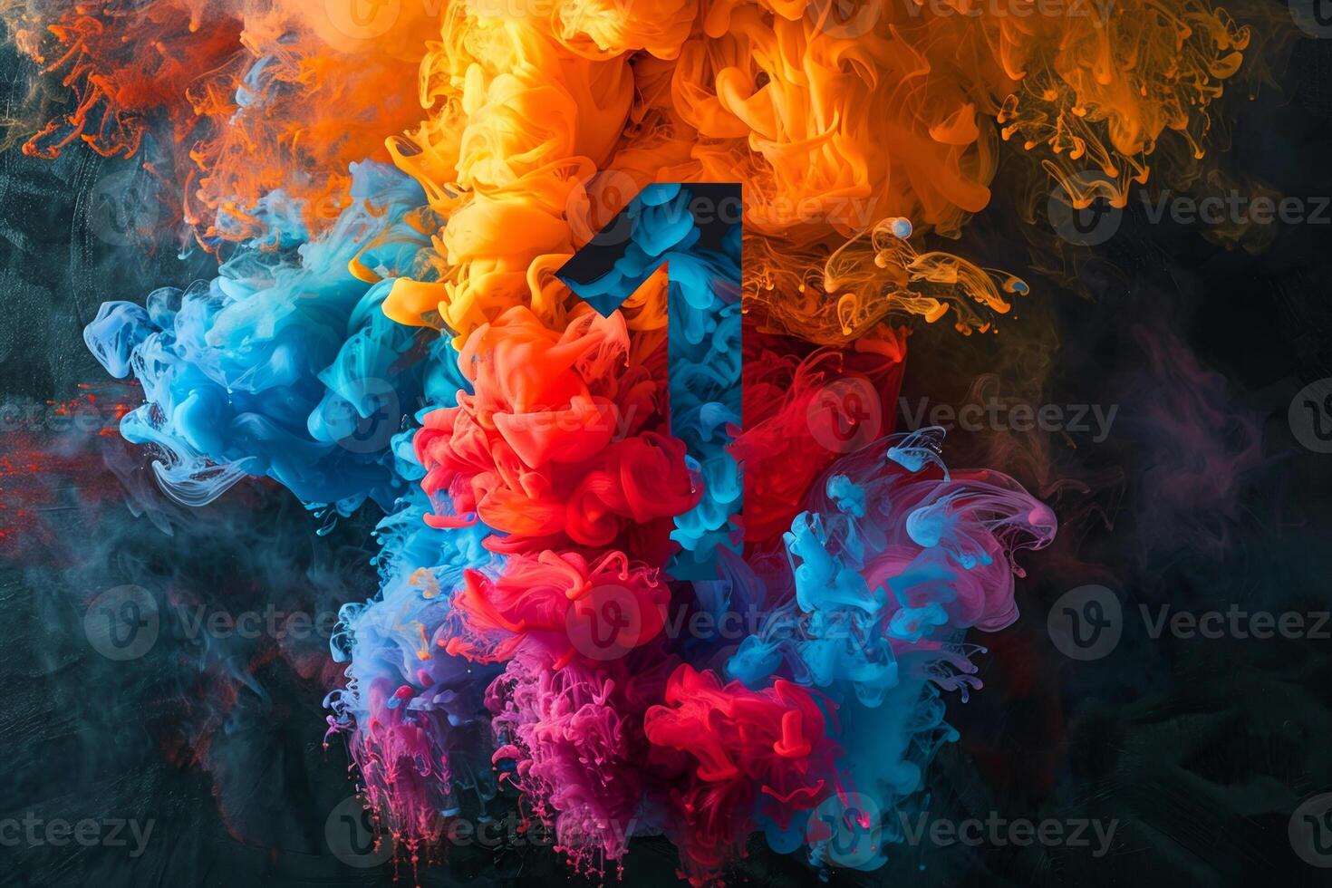 A colorful explosion of smoke and fire with the number 1 in the middle photo