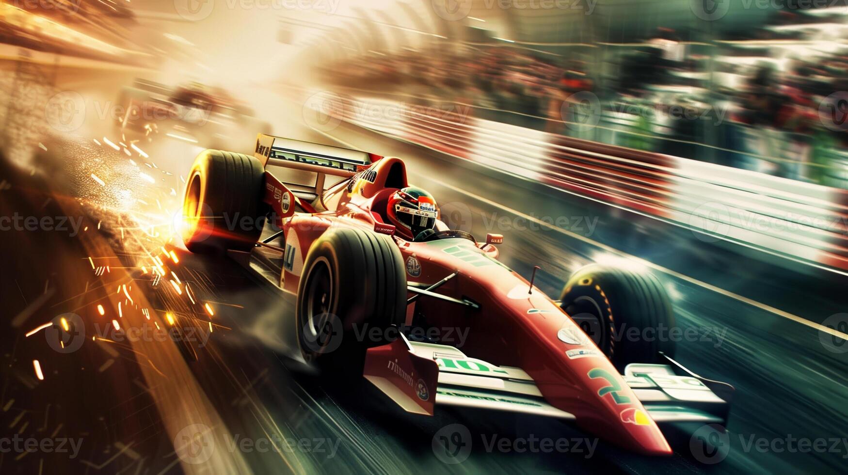 A red race car is speeding down a track with a crowd of people watching photo