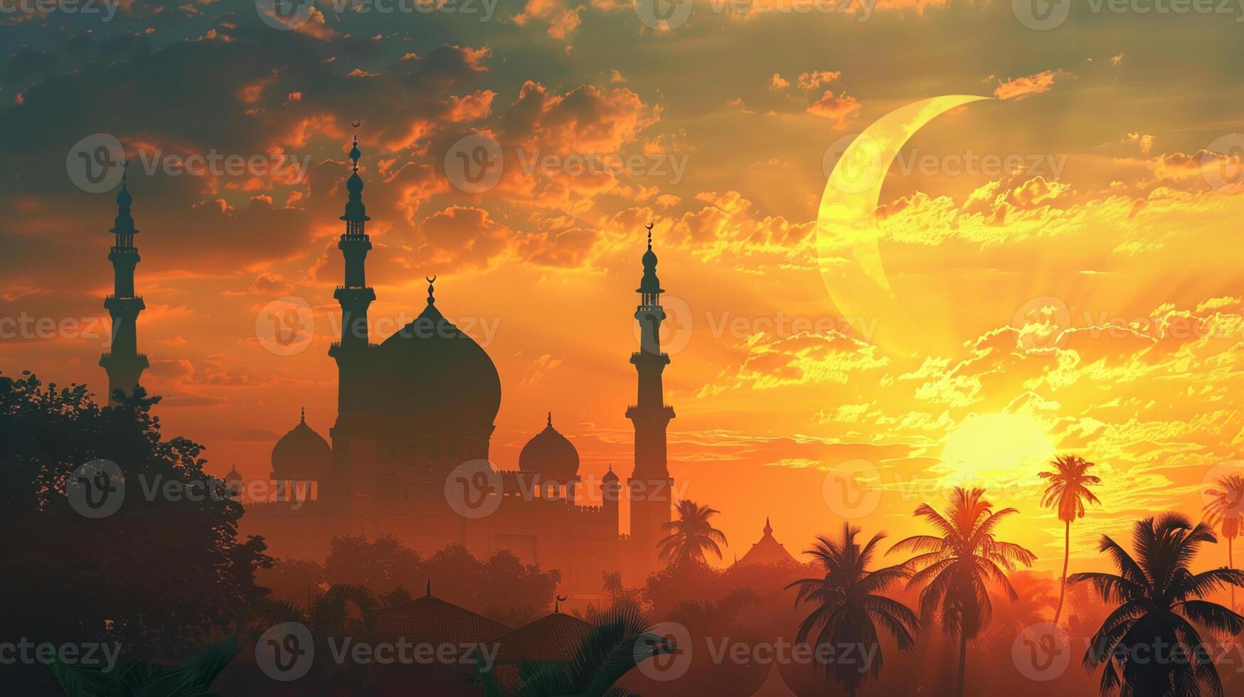 A beautiful sunset with a large crescent moon in the sky photo
