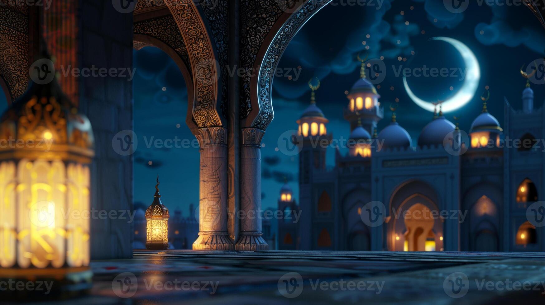 A beautiful city with a large mosque and a small lantern photo