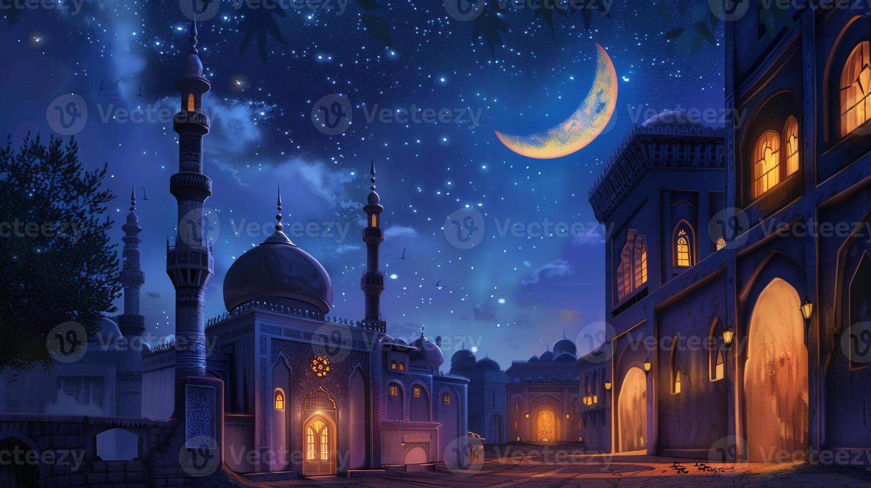 A nighttime scene of a city with a large moon in the sky photo