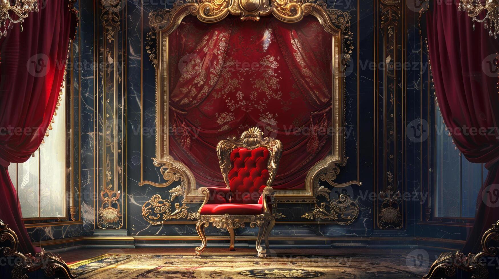 A red chair in a room with gold and red curtains photo