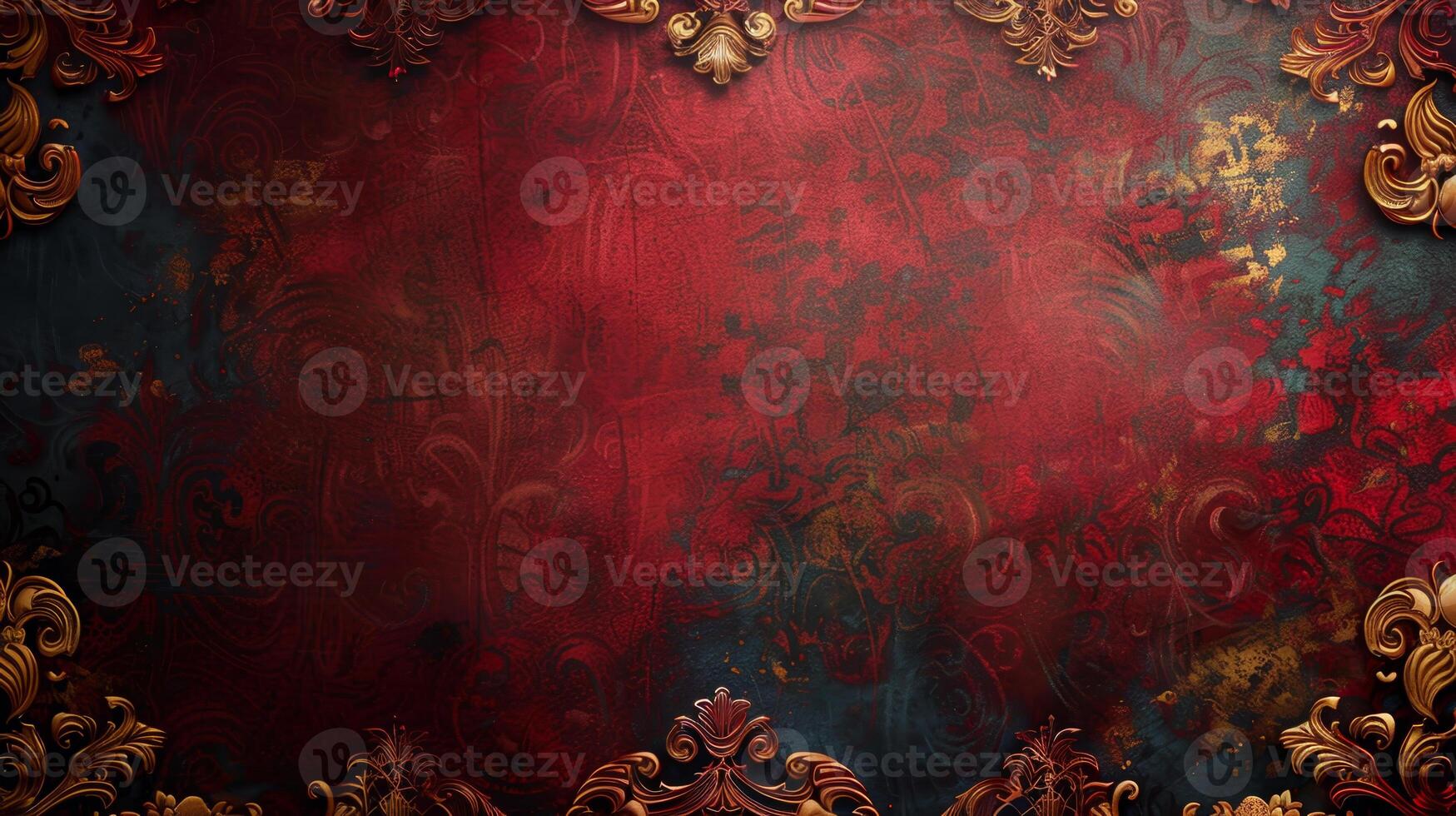 An ornate red and gold background with a gold frame photo