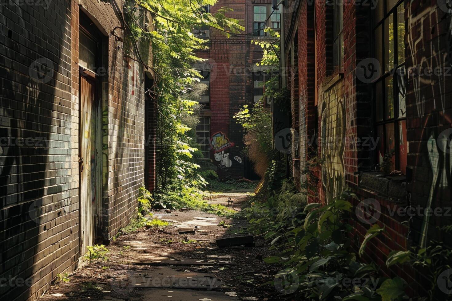 An alleyway with graffiti on the walls and a door photo