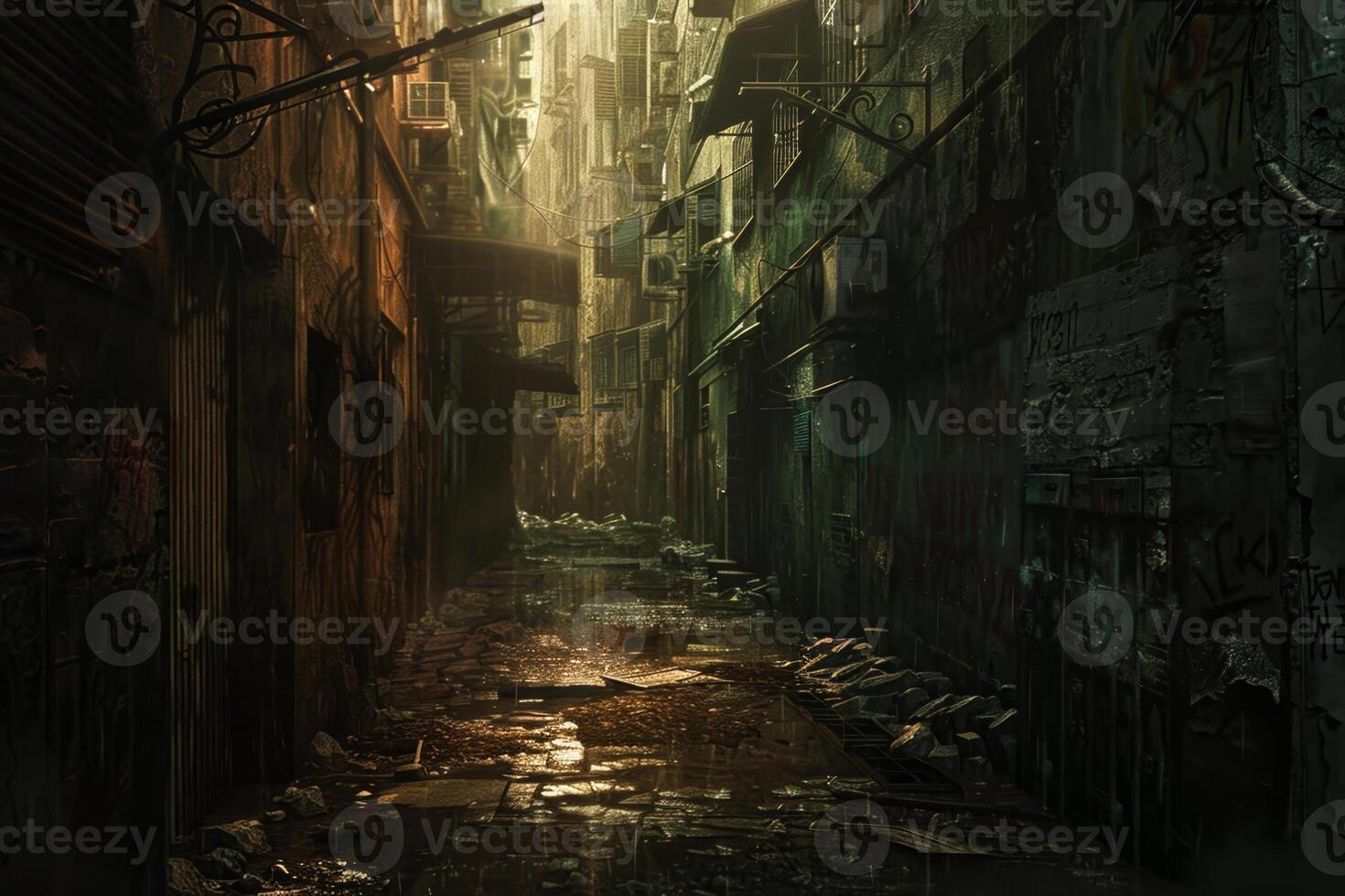 A dark alley with a lot of trash and graffiti photo
