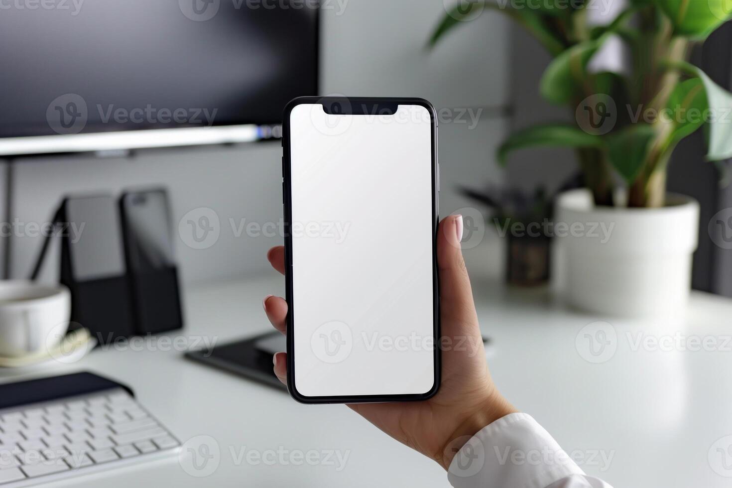 A person is showcasing a blank smartphone with a clean screen in an organized office environment, featuring plants and a computer setup photo
