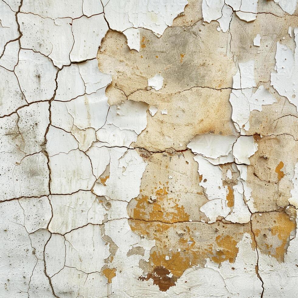 The surface shows a textured white wall with extensive cracks and peeling layers, exposing hints of brown and yellow beneath, typical of older buildings photo