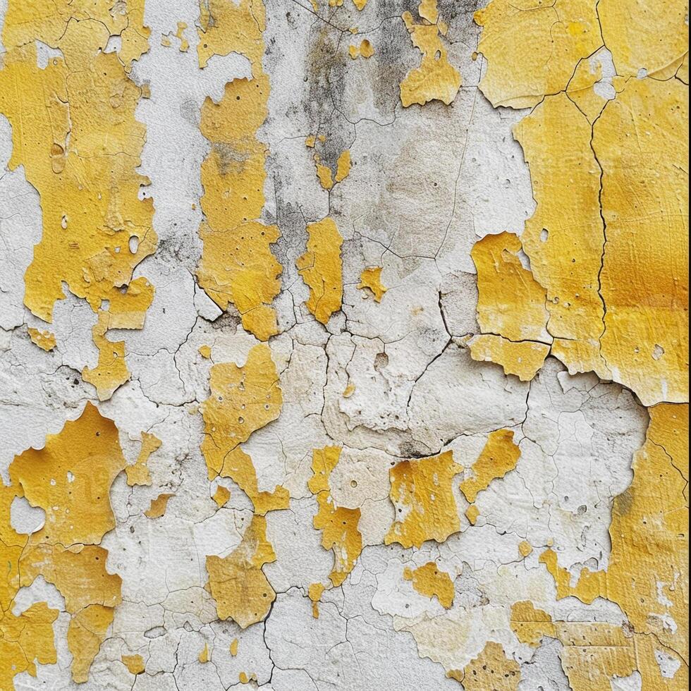 The textured surface of a wall displays significant peeling and cracking, showcasing a blend of yellow and white colors. This urban decay highlights the passage of time photo