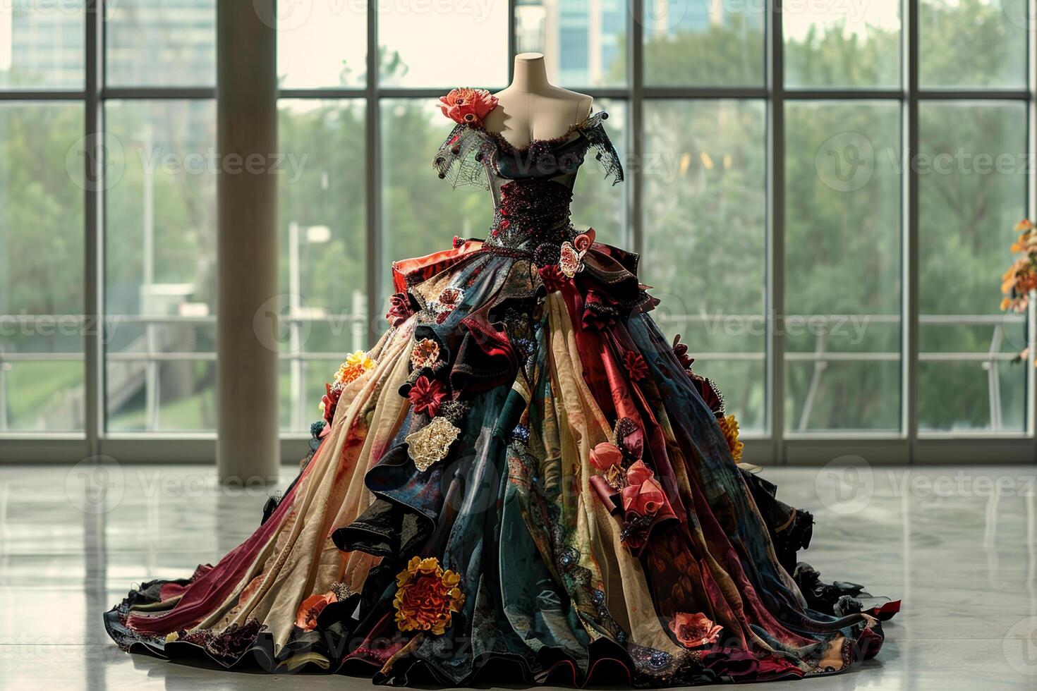 The striking gown features elaborate floral embellishments and rich colors, standing elegantly on a mannequin in a brightly lit space with windows photo