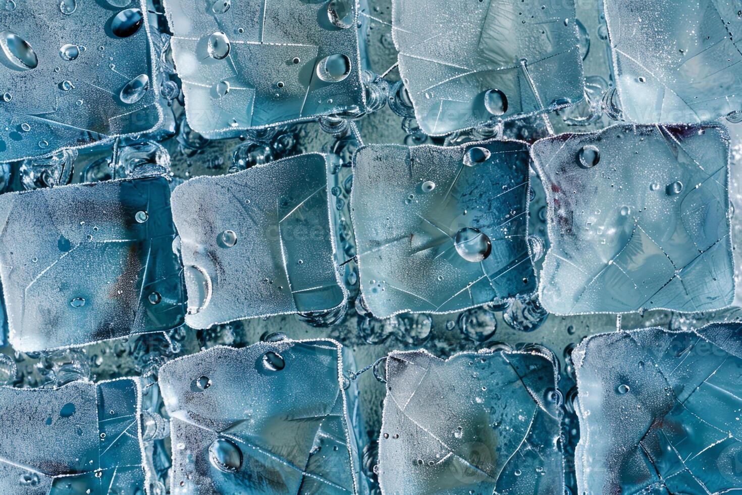 The clear ice cubes are glistening with water droplets, showcasing their crisp texture against a cool blue background. The arrangement conveys a refreshing sensation photo