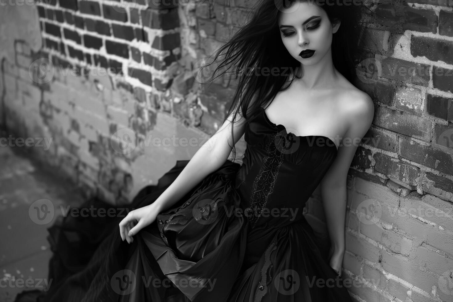 A young woman wearing a flowing black gown leans elegantly against a rustic brick wall, capturing a moody and artistic vibe during an outdoor shoot in soft lighting photo