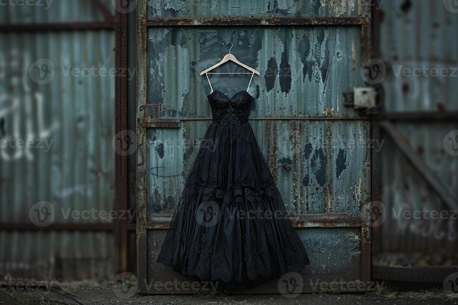 The black dress drapes elegantly from a hanger, showcasing intricate detailing against a backdrop of peeling blue metal. This juxtaposition creates an intriguing, moody atmosphere photo