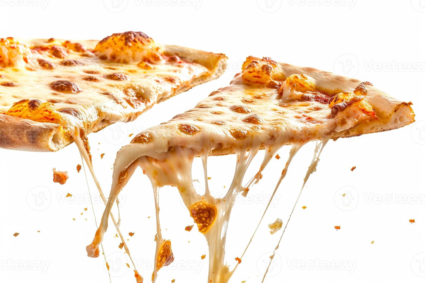 A pair of cheese pizza slices with gooey, melted cheese is being pulled apart, emphasizing the stretchy texture and golden crust in a bright setting photo