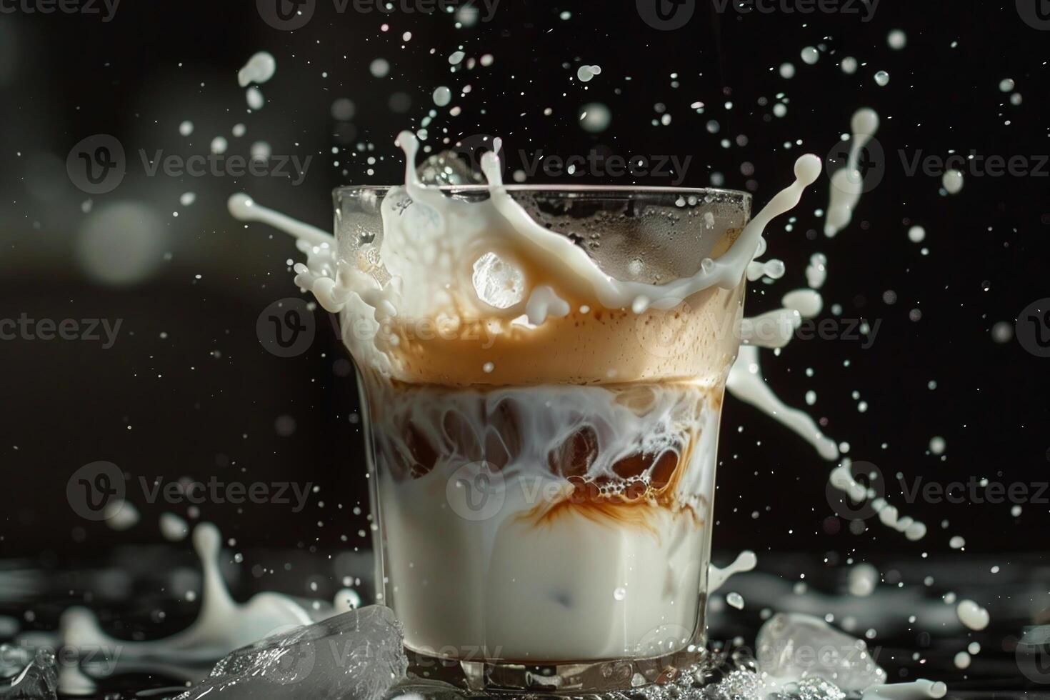 A glass filled with coffee and milk creates a dramatic splash as ice melts, showing a blend of rich colors against a dark surface. The moment captures fluid motion beautifully photo