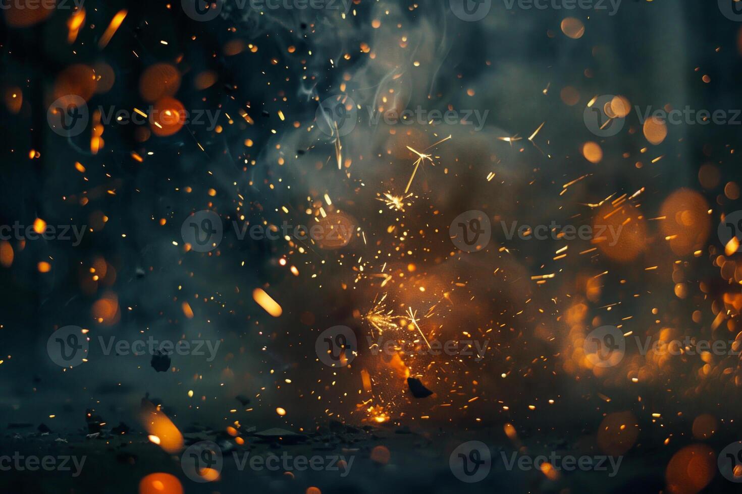 A burst of sparks and embers lights up the dark surroundings, creating a dramatic display of fiery energy in an urban area at night photo