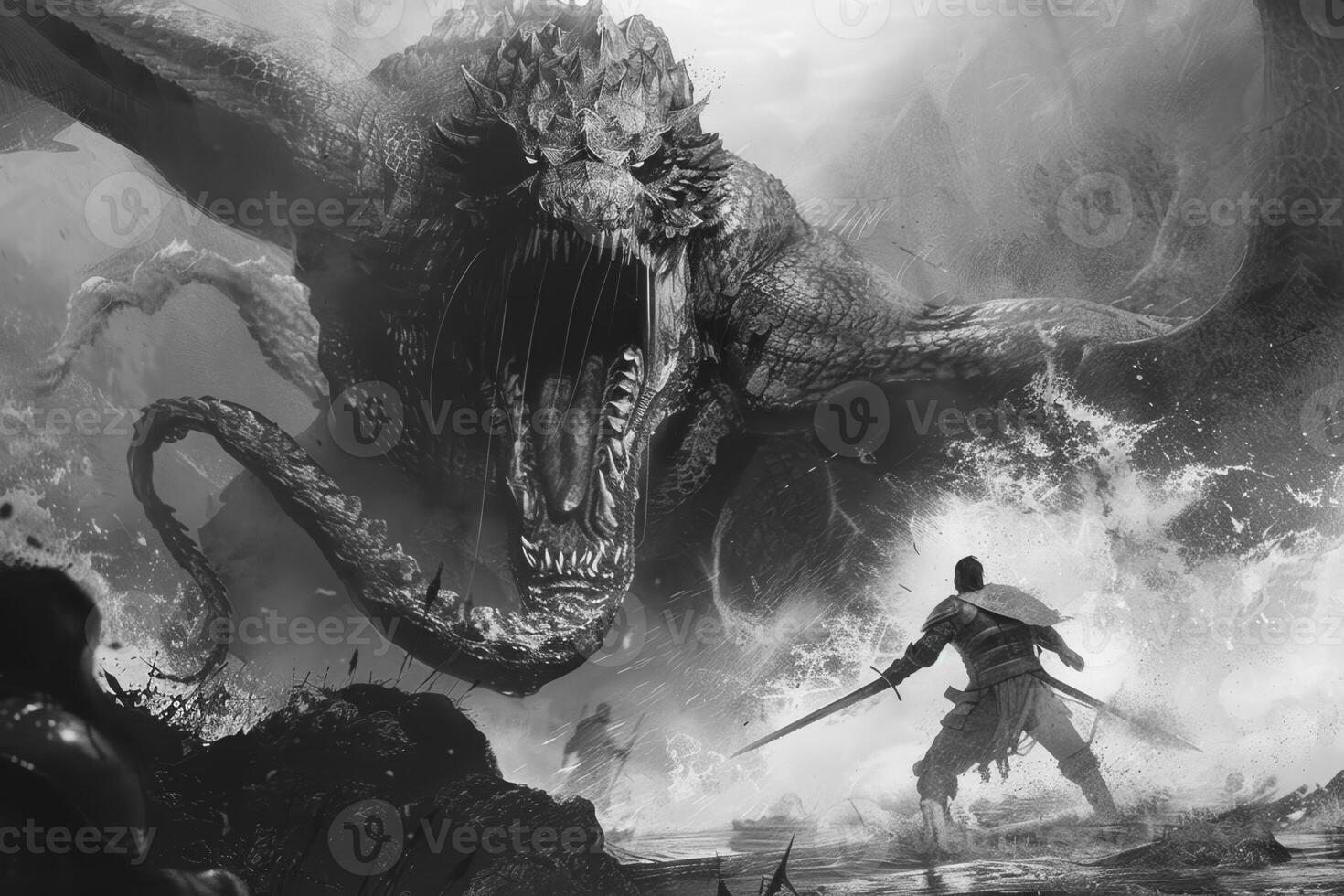 A warrior stands ready with sword drawn to fight a colossal dragon, showcasing the intensity of an epic confrontation in a chaotic, dark environment photo
