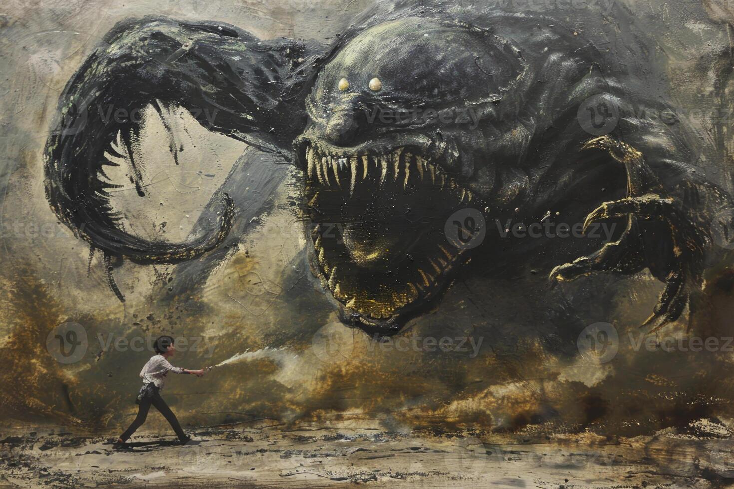 A young boy stands bravely before a monstrous creature with fierce eyes and sharp teeth, surrounded by swirling darkness and an ominous atmosphere at twilight photo