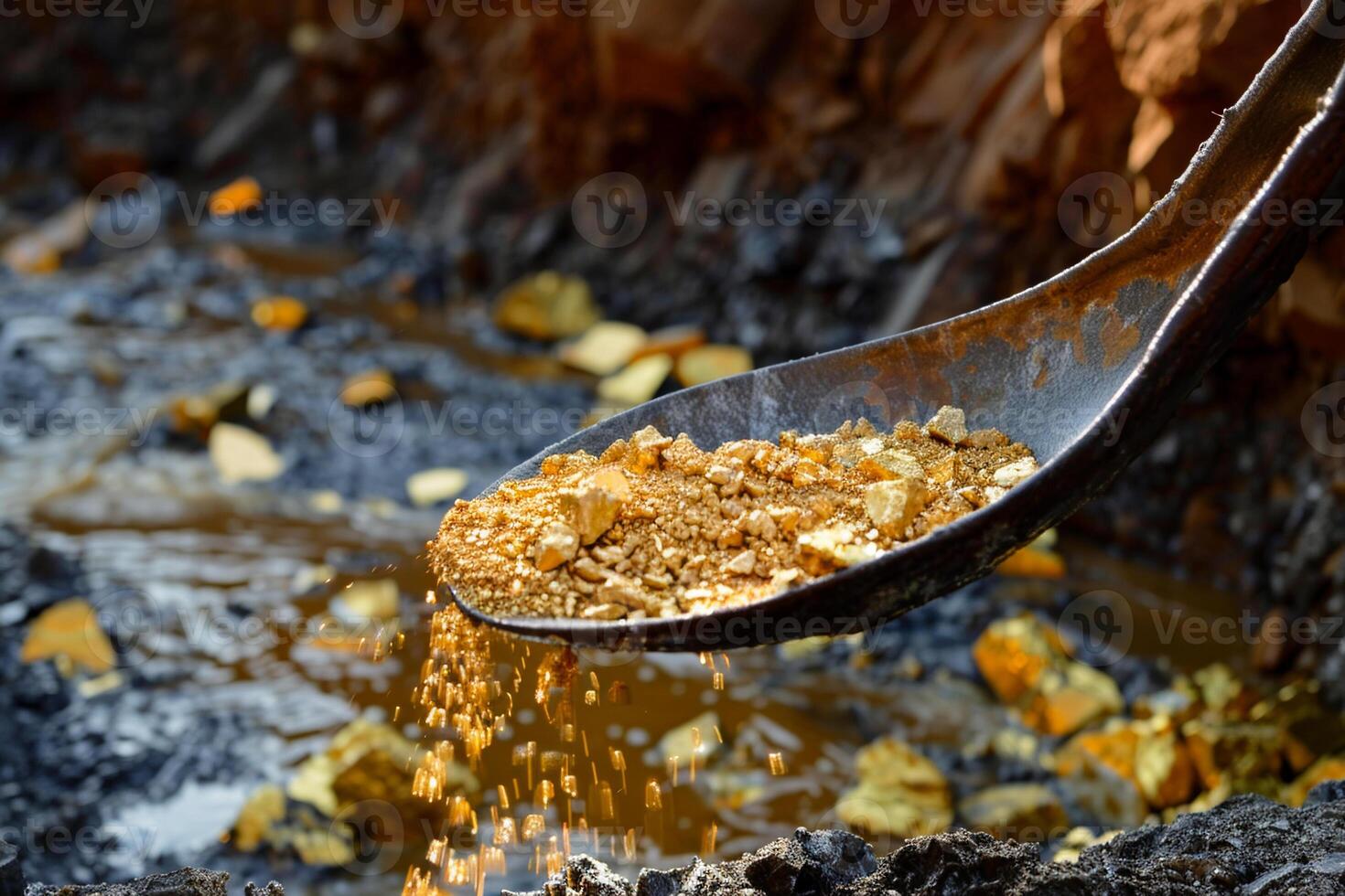 A miner uses a spade to collect shimmering gold particles from the ground, revealing rich deposits in a deep excavation site under a clear sky photo
