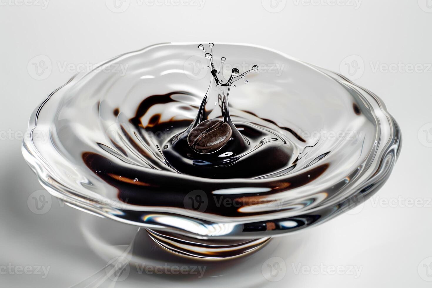 A coffee bean rests on the surface of dark liquid, and as it makes contact, it sends droplets flying outward in an engaging display of motion and energy photo
