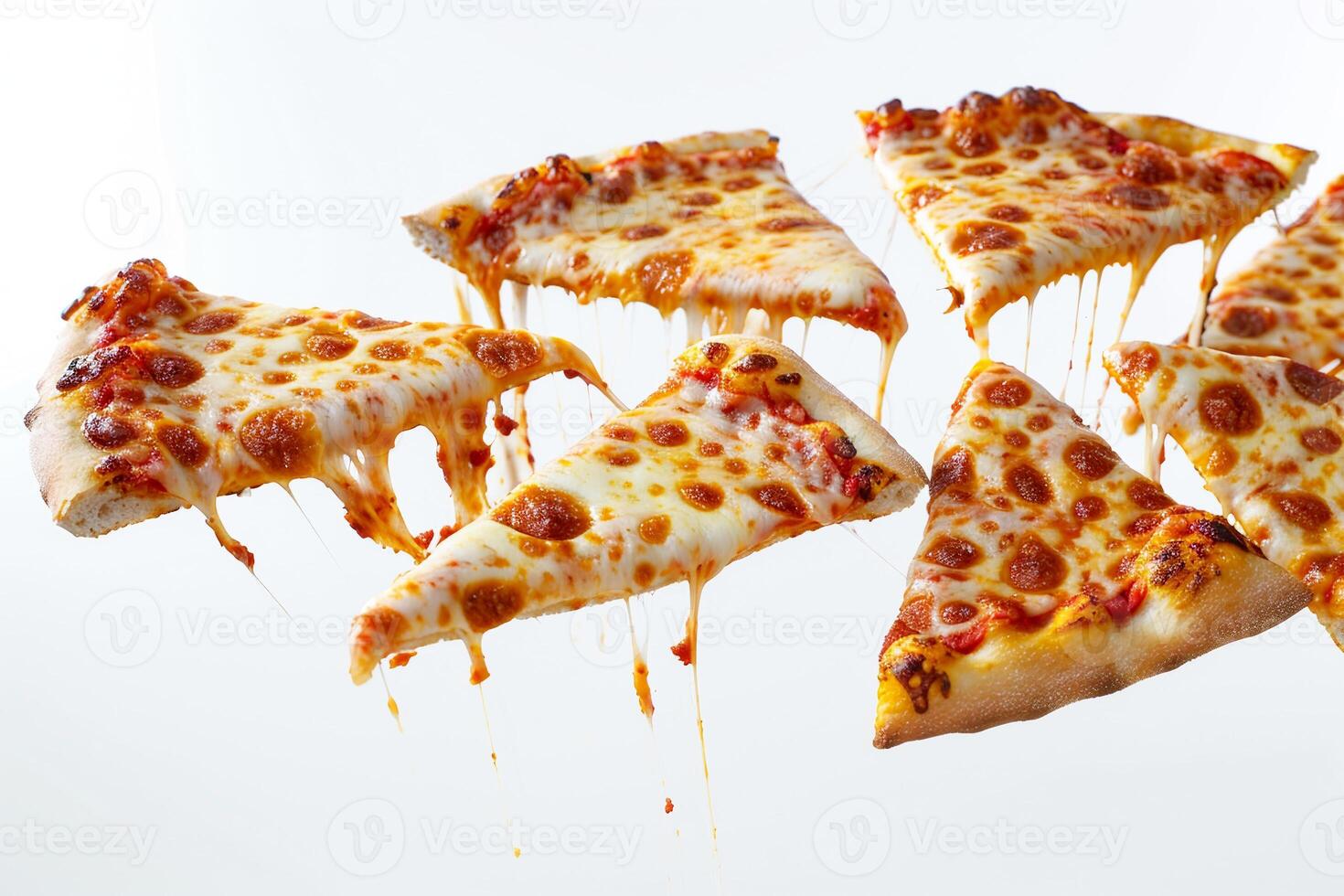 A variety of pepperoni pizza slices are floating above a white surface, showcasing gooey cheese and toppings, creating an appetizing display of comfort food photo