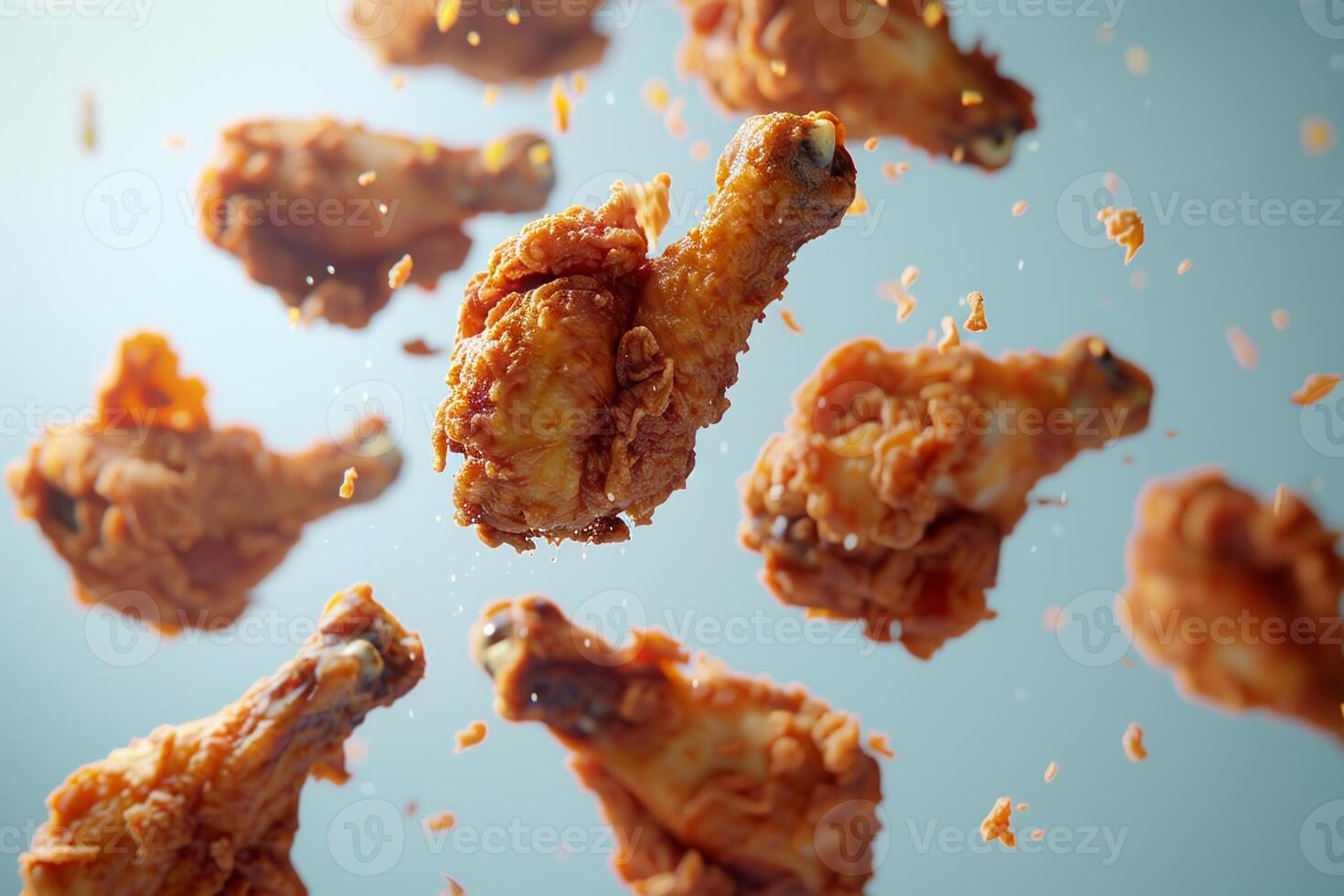 A collection of golden, crispy fried chicken drumsticks appears to float against a light backdrop, highlighting their savory texture and enticing appearance with some spices sprinkled around photo