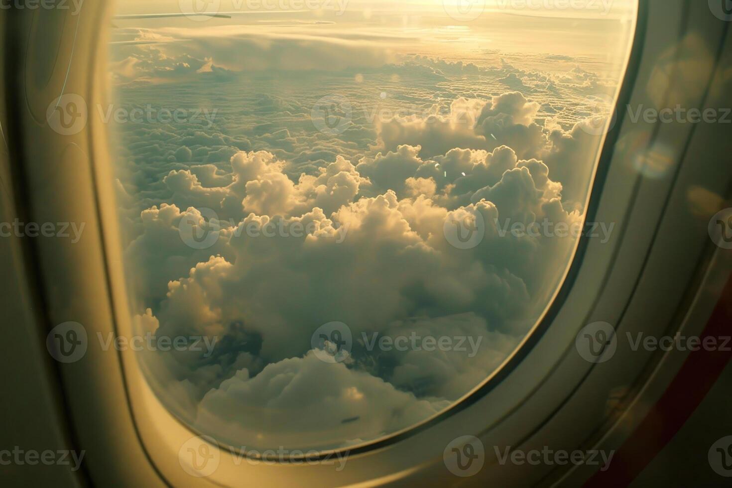 Golden light filters through clouds as seen from an airplane window, creating a serene atmosphere during a twilight flight over the horizon photo