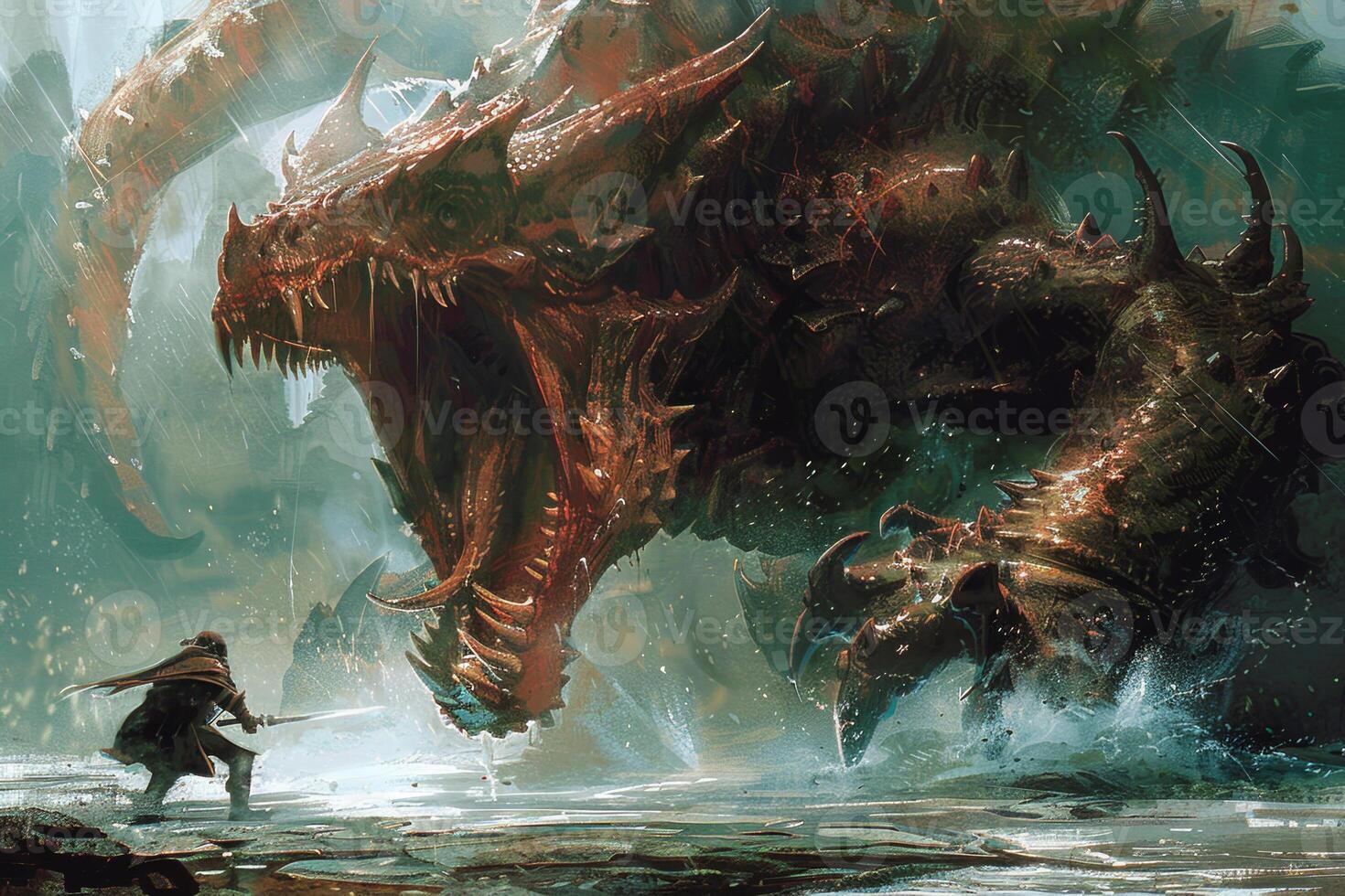 A brave hero stands ready for battle against a massive dragon in a mystical setting. The scene captures the tension of this epic confrontation in a breathtaking environment photo