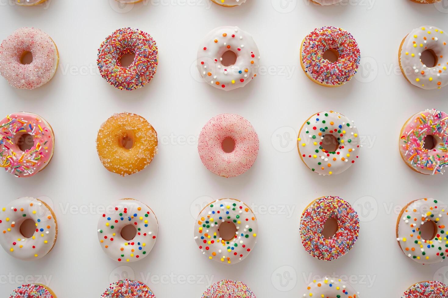 An array of donuts featuring colorful icing and toppings is arranged on a white surface, highlighting the diversity in flavors and designs, appealing to sweet treat lovers photo