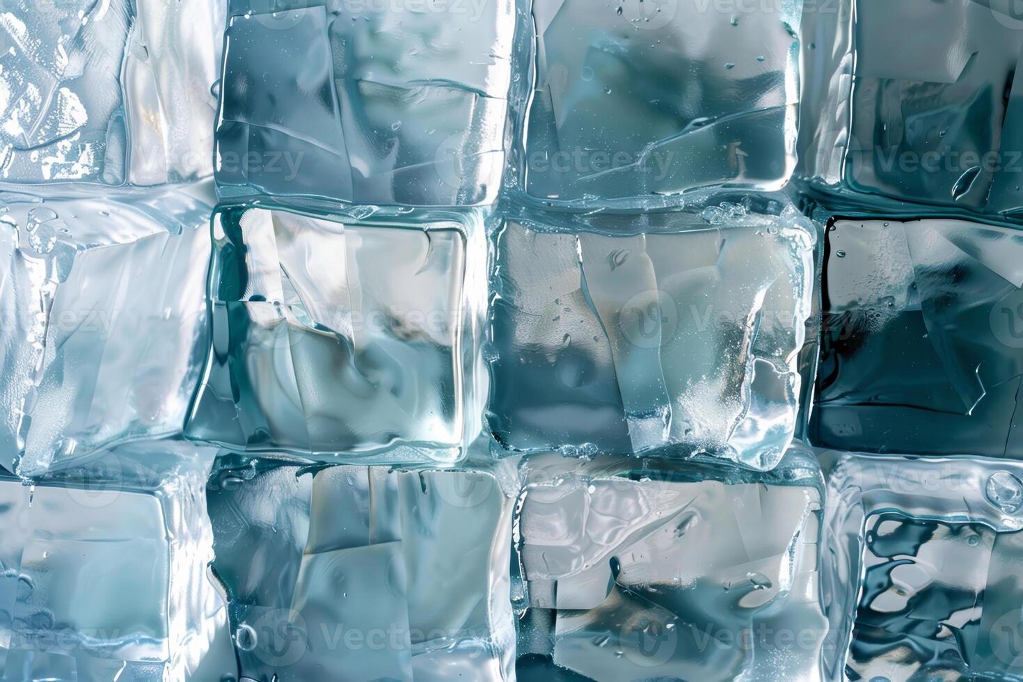 Clear ice cubes are arranged closely, showcasing their smooth surfaces and subtle reflections. The light enhances the clarity and color of the ice, creating an appealing visual photo
