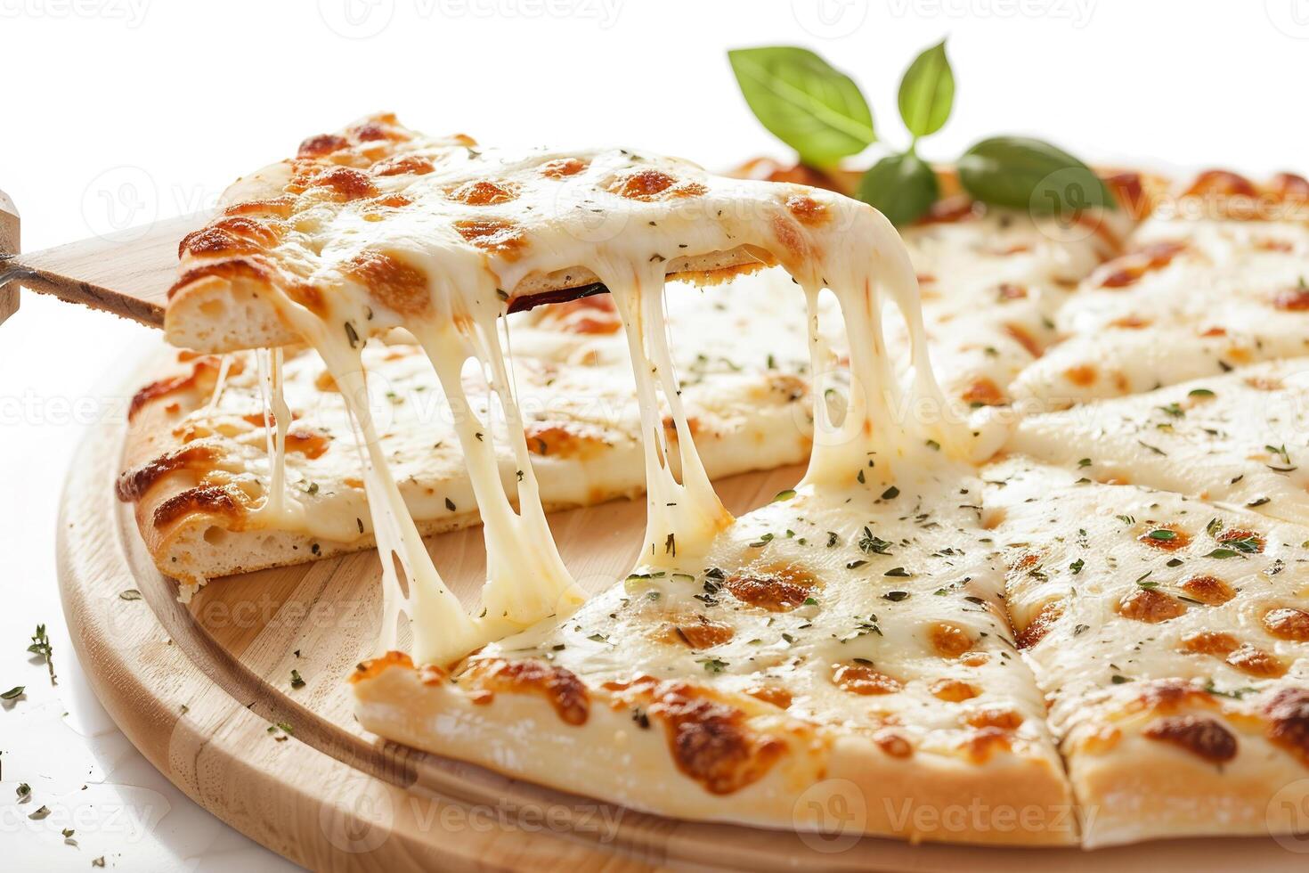 Golden, gooey cheese stretches from a slice of pizza on a wooden board, enhanced by fresh basil leaves and herbs, perfect for a delightful meal photo