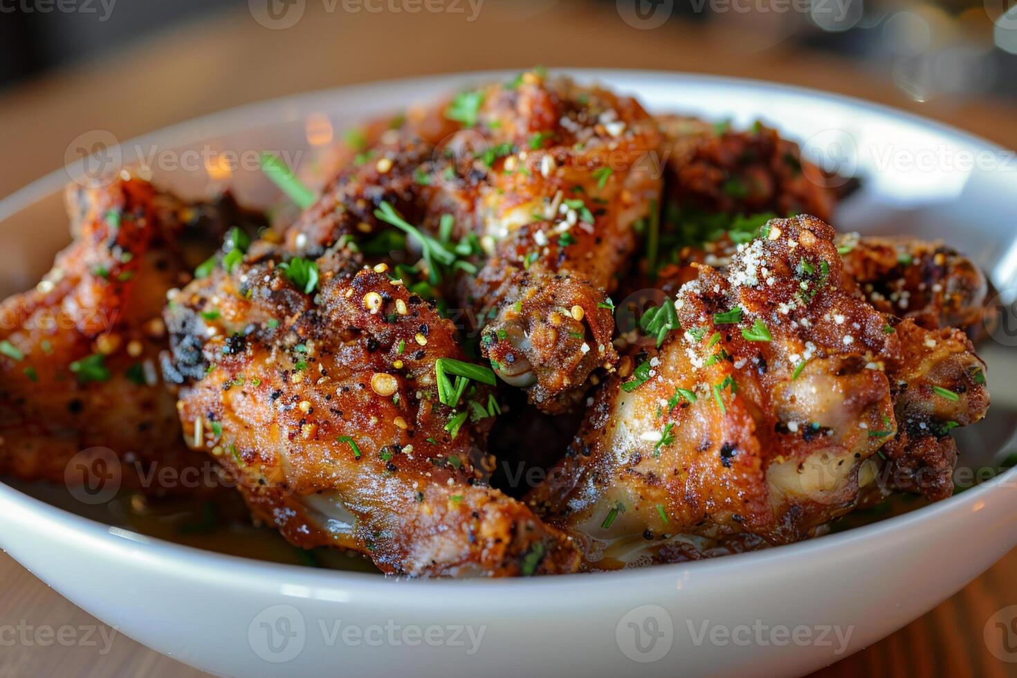 A generous serving of crispy chicken wings is garnished with fresh herbs and spices, presented in a white bowl on a rustic wooden table in a cozy restaurant setting photo