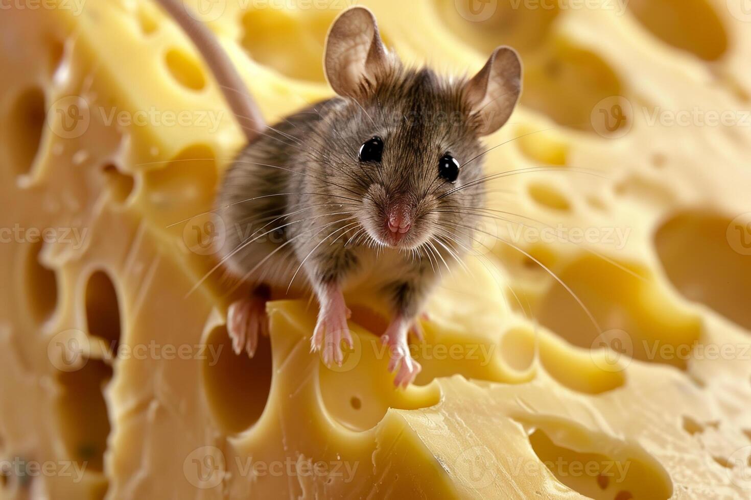 A curious brown mouse inspects a large wedge of cheese with holes, nestled in a warm kitchen. The sunlight illuminates the scene, enhancing its charm photo