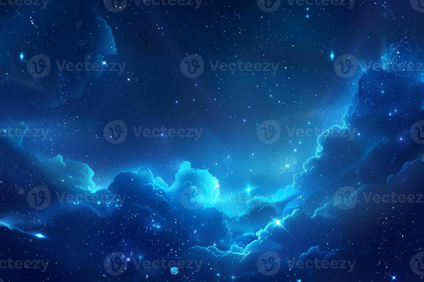 A breathtaking view features a starry night sky with vibrant blue clouds. Stars twinkle in the vast expanse, creating a serene and mystical atmosphere photo